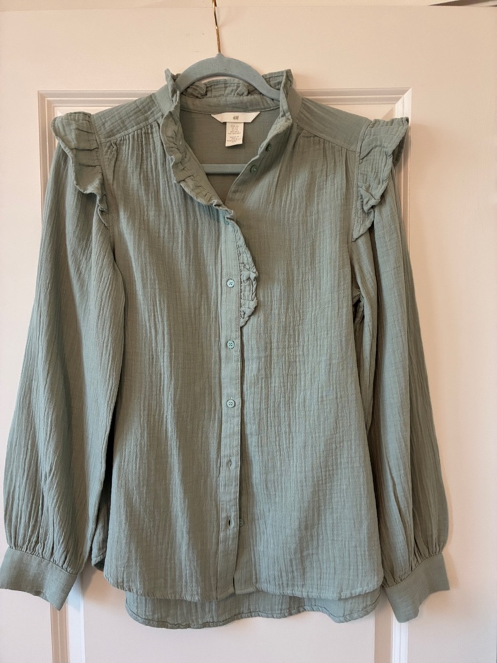 H&M Sage Green Ruffle-Trim Button Down Shirt